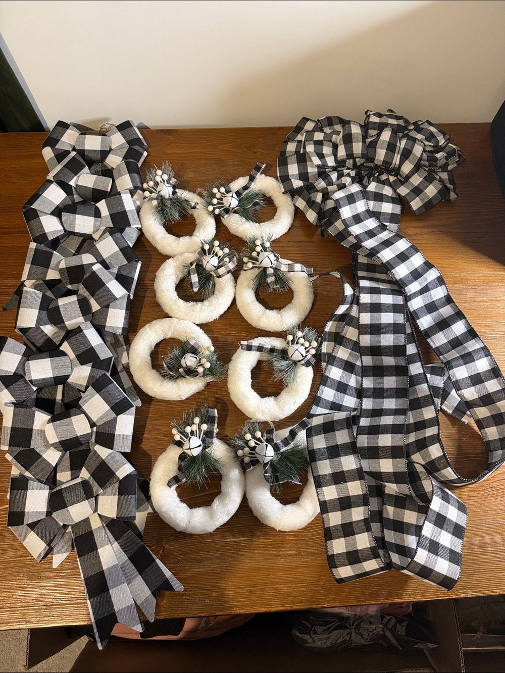 Holiday Black & White Buffalo Check Tree Topper, Bows, & Mini Wreath Ornaments